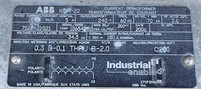 34500 V ABB TYPE KOR-20 CURRENT TRANSFORMER, 1200:5 RATIO, STYLE 7524A22G21:3
