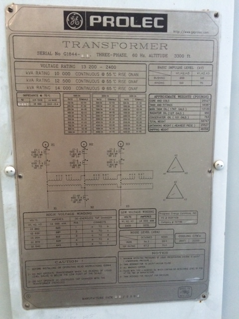 10000/14000 KVA, Pri 13200 D, Sec 2400 D, 2008, GE PROLEC, COPPER:1