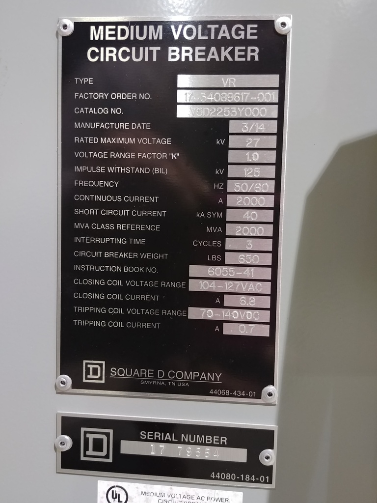 2000 Amp, SQUARE D, VR V5D2253Y000, 27 KV, 125 VDC CONTROLS, UNUSED