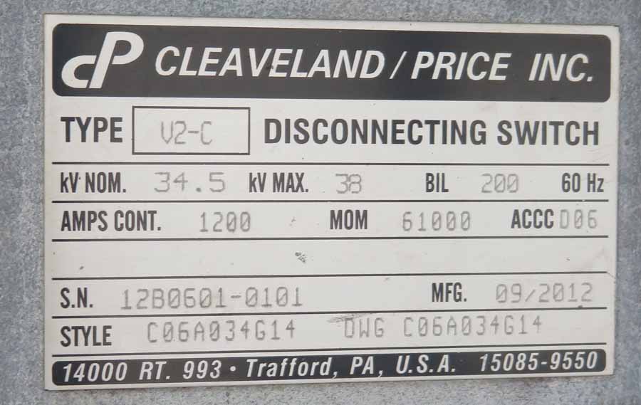 1200 Amp, CLEAVELAND/PRICE, No. V2-C, 34500 V., 2012, DISCONNECT SWITCH:1