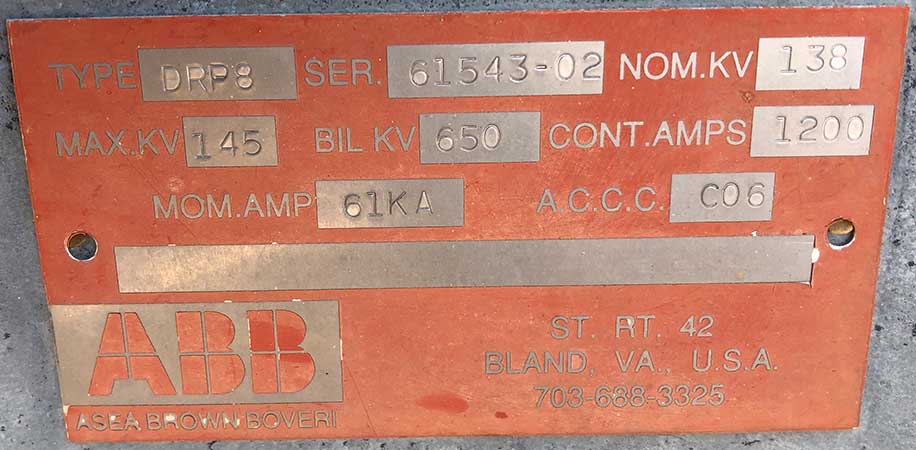 1200 Amp, ABB, No. DRP8, 145000 V., CENTER BREAK WITH PEDESTAL;