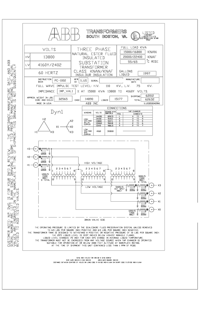 15000/22400 KVA, Pri 13800 D, Sec 4160Y/2402, ABB, FR3, NEW:1