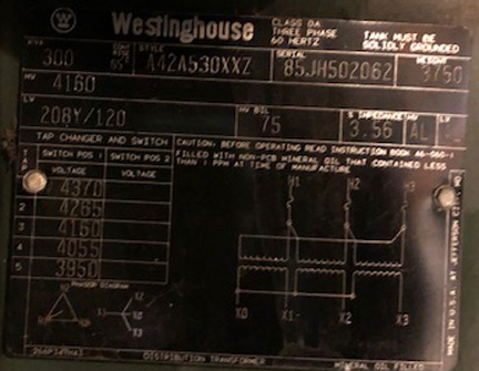300 KVA, Pri 4160 D, Sec 208Y/120, WESTINGHOUSE, DEAD FRONT/RADIAL FEED:1