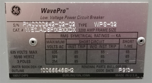 3200 Amp, GENERAL ELECTRIC, WPS-32, 480 V., 120 VAC CLOSE/125 VDC TRIP, D/O:1