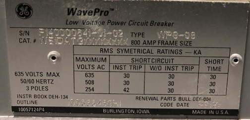 800 Amp, GENERAL ELECTRIC, WPS-08, 480 V. MANUALLY OPERATED, DRAW-OUT:1