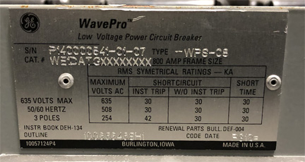 800 Amp, GENERAL ELECTRIC, WPS-08, 480 V. MANUALLY OPERATED, DRAW-OUT:1