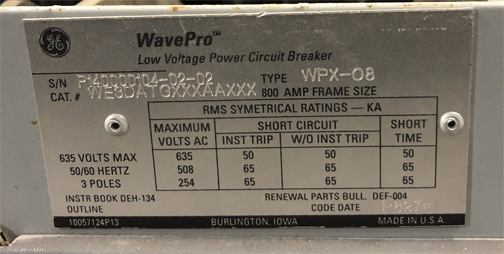 800 Amp, GENERAL ELECTRIC, WPX-08, 480 V. MANUALLY OPERATED, DRAW-OUT:1