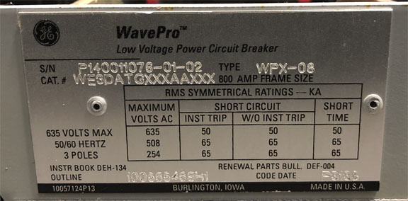 800 Amp, GENERAL ELECTRIC, WPX-08, 480 V. MANUALLY OPERATED, DRAW-OUT:1
