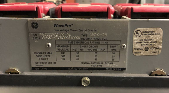 800 Amp, GENERAL ELECTRIC, WPX-08, 480 V. MANUALLY OPERATED, DRAW-OUT:1