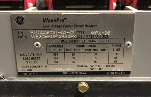 800 Amp, GENERAL ELECTRIC, WPX-08, 480 V. ELECTRICALLY OPERATED, DRAW-OUT:1