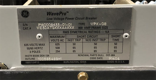 800 Amp, GENERAL ELECTRIC, WPX-08, 480 V. MANUALLY OPERATED, DRAW-OUT:1
