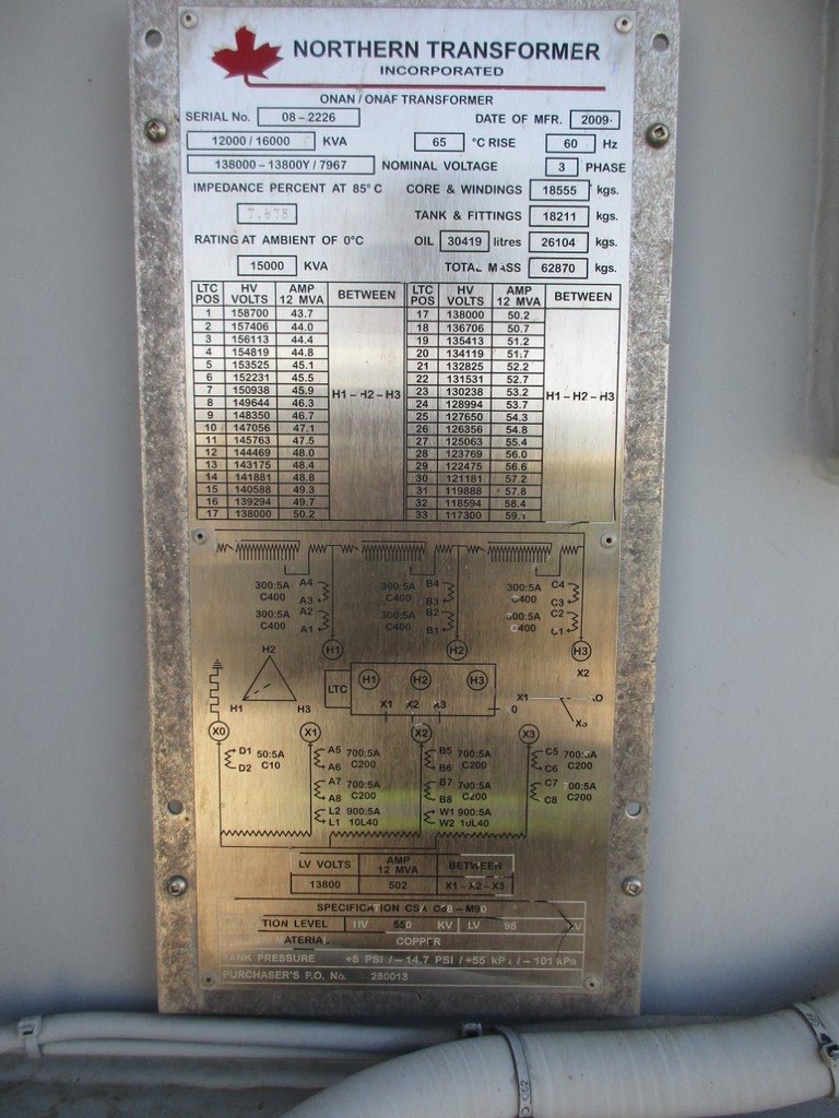 12000/16000 KVA, Pri 138000 D, Sec 13800Y/7967, 2009, NORTHERN TRANSFORMER, LTC