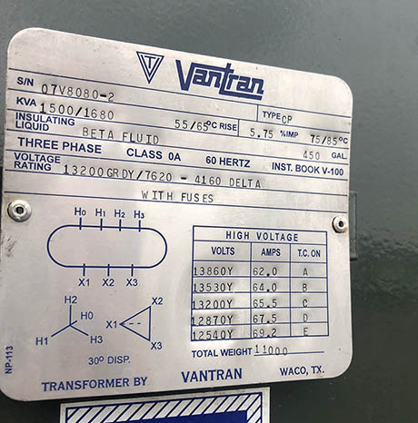 1500/1680 KVA, Pri 13200GRD Y/7620, Sec 4160 D, VANTRAN, FUSED:1