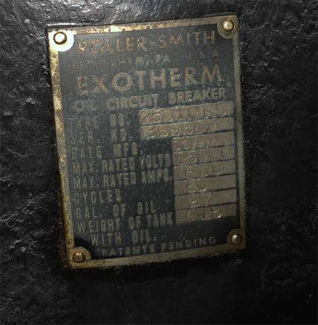 600 Amp, ROLLER SMITH, 250TCR5, 15 KV, 1948, 125 VDC CLOSE & TRIP, EXOTHERM OIL:
