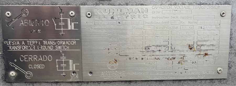 KUHLMAN CAPACITOR VOLTAGE TRANSFORMER, 69 KV NOM, 145 KV, 115 KV SYSTEM, UNUSED