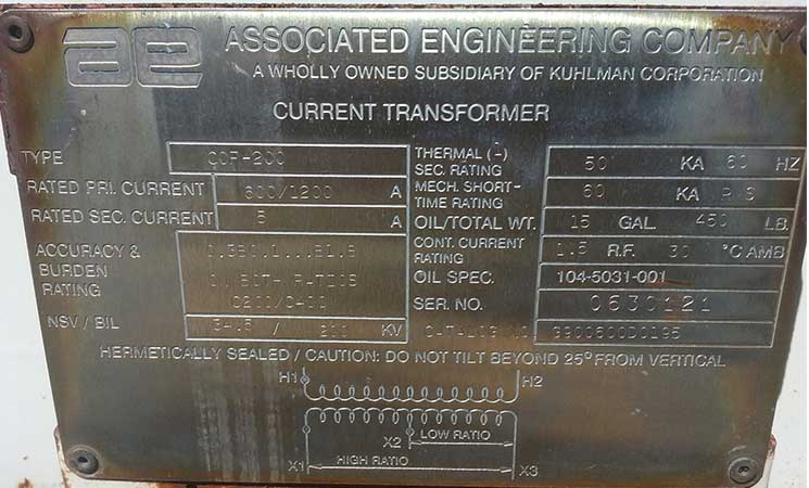 ASSOCIATED ENGINEERING /KUHLMAN CT'S, 34500 V, 600/1200:5 RATIO, TYPE COF-200:3