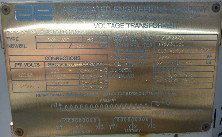 KUHLMAN HERMETICALLY SEALED VOLTAGE TRANSFORMER, PRI. 20125/34500 V, Sec. 115 V,