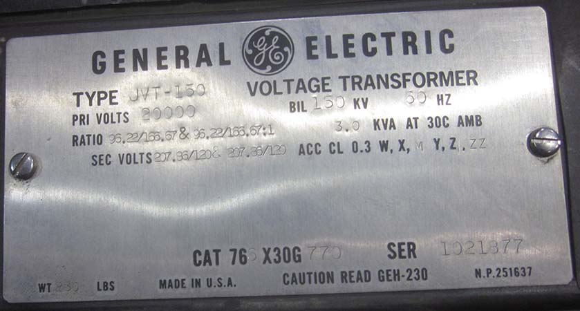 GE POTENTIAL TRANSFORMER, 20786/120 V, Sec. 207.86/120 V, 96.22/166.67 RATIO:3