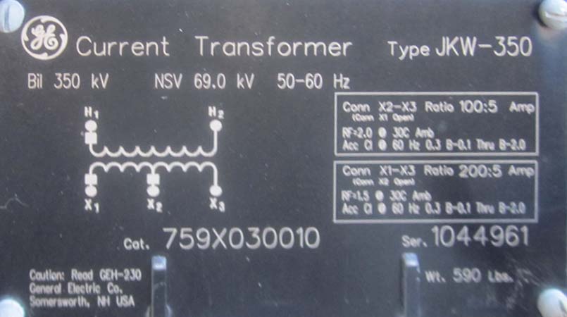 GENERAL ELECTRIC JKW-350 CT, 69000 V, 100/200:5, SINGLE BUSHING, 759X030010:2