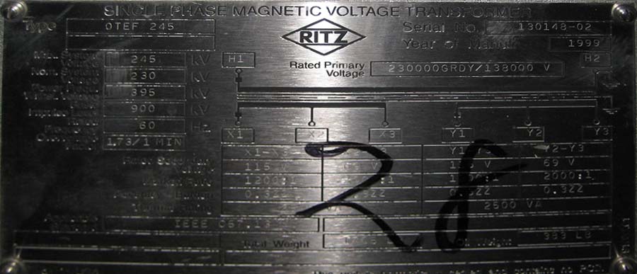 RITZ PT OTEF 245, 230/138 KV, Sec. 69/115 V, 2000/1200:1