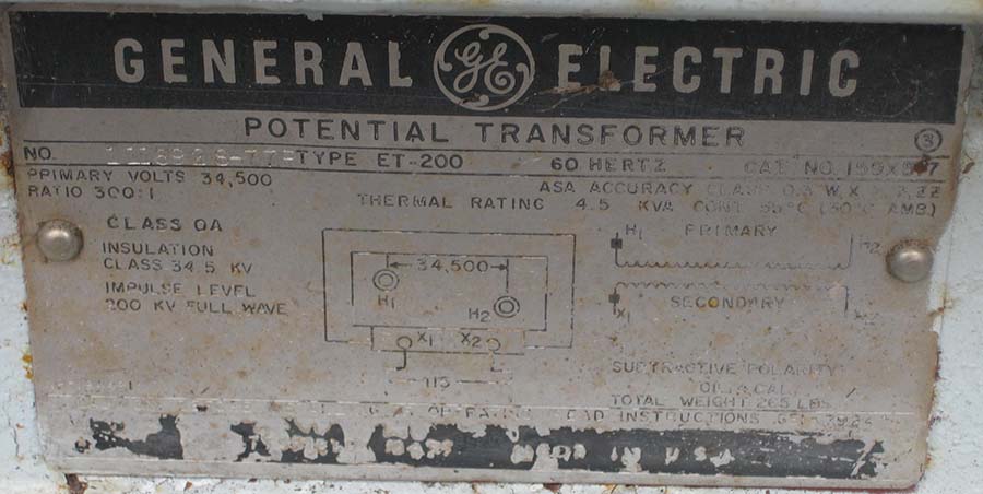 GENERAL ELECTRIC PT TYPE ET-200, CAT. 159X517, 34500 V, PRI, 115 V SEC:1