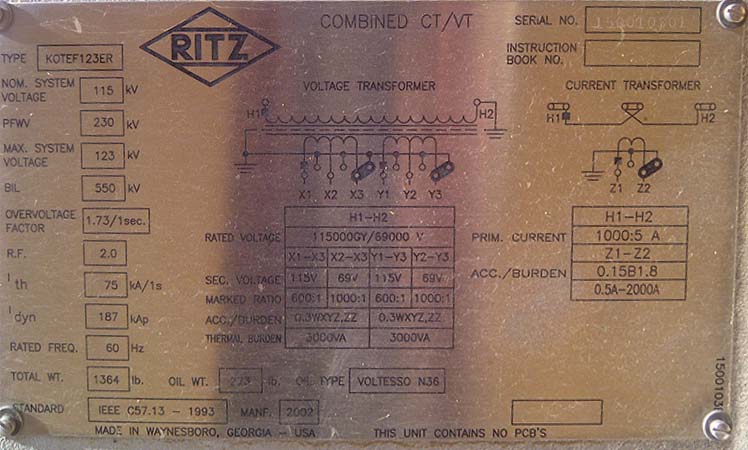 RITZ COMBINED CT/VT, 115/69 KV PRI, Sec. 115/69 V, 2002, 600/1000:1, 1000:5