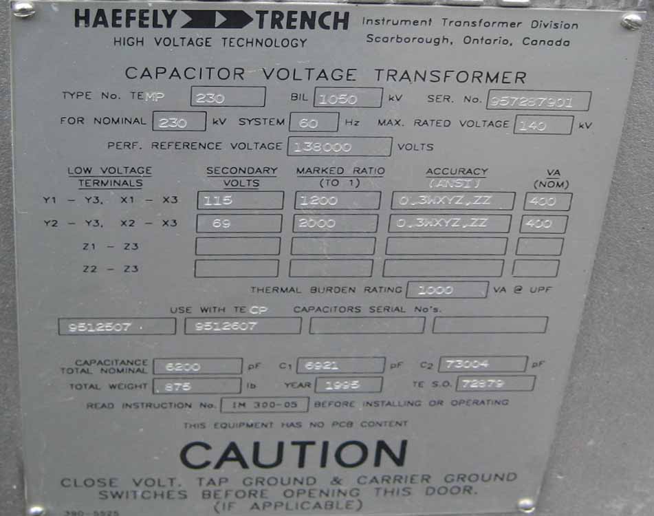 TRENCH CAPACITOR VOLTAGE TRANSFORMER, 230/138 KV - 115/69 V, 1200/2000:2