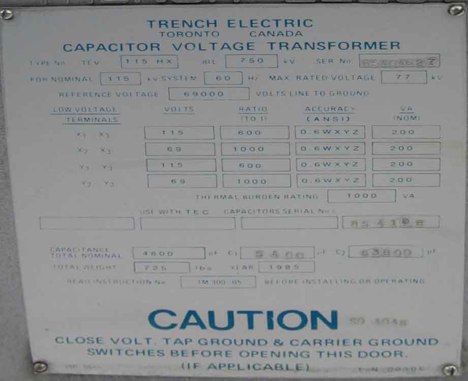 TRENCH CAPACITOR VOLTAGE TRANSFORMER, 115/69 KV - 115/69 V, 600/1000:1
