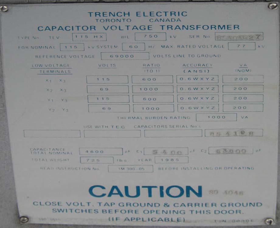 TRENCH CAPACITOR VOLTAGE TRANSFORMER, 115/69 KV - 115/69 V, 600/1000:1