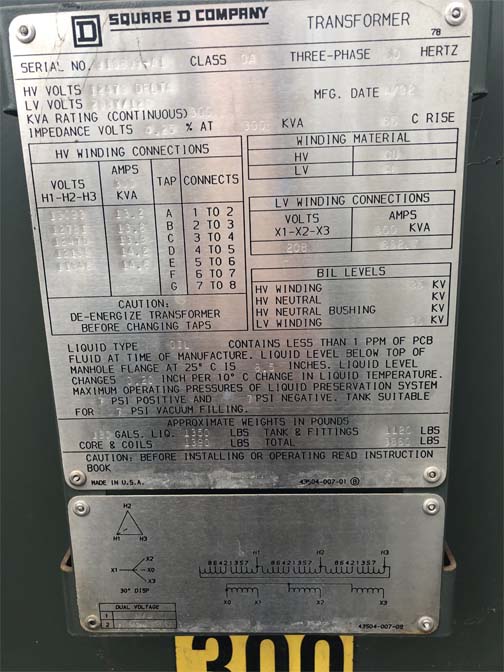 300 KVA, Pri 12470 D, Sec 208Y/120, 1992, SQUARE D, LIVE FRONT, RADIAL FEED:1