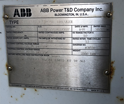 1200 Amp, ABB, No. V, 38000 V., 1999, VACUUM BREAKER, 125 VDC CLOSE & TRIP:1