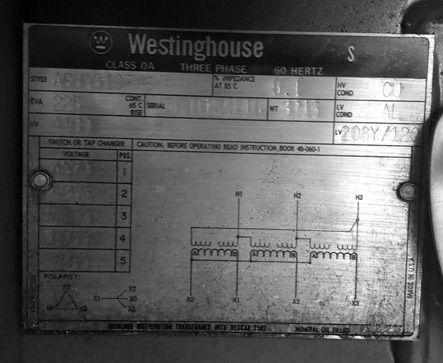 225 KVA, Pri 4160 D, Sec 208Y/120, WESTINGHOUSE, DEAD FRONT, RADIAL FEED:1