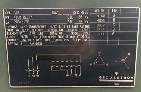 300 KVA, Pri 4160 D, Sec 208Y/120, GEC ALSTHOM, LIVE FRONT, RADIAL FEED, R-TEMP