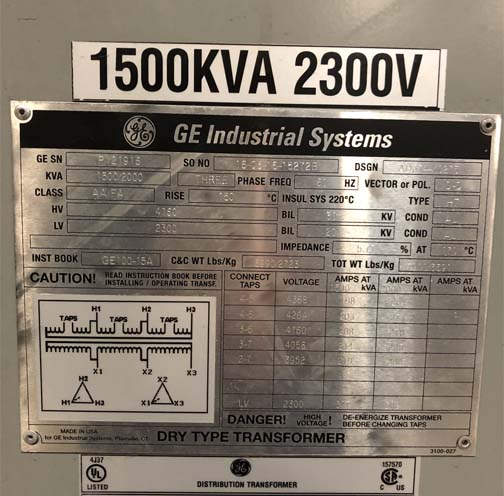 1500/2000 KVA, Pri 4160 D, Sec 2300 D, GE, ALUMINUM, INDOOR