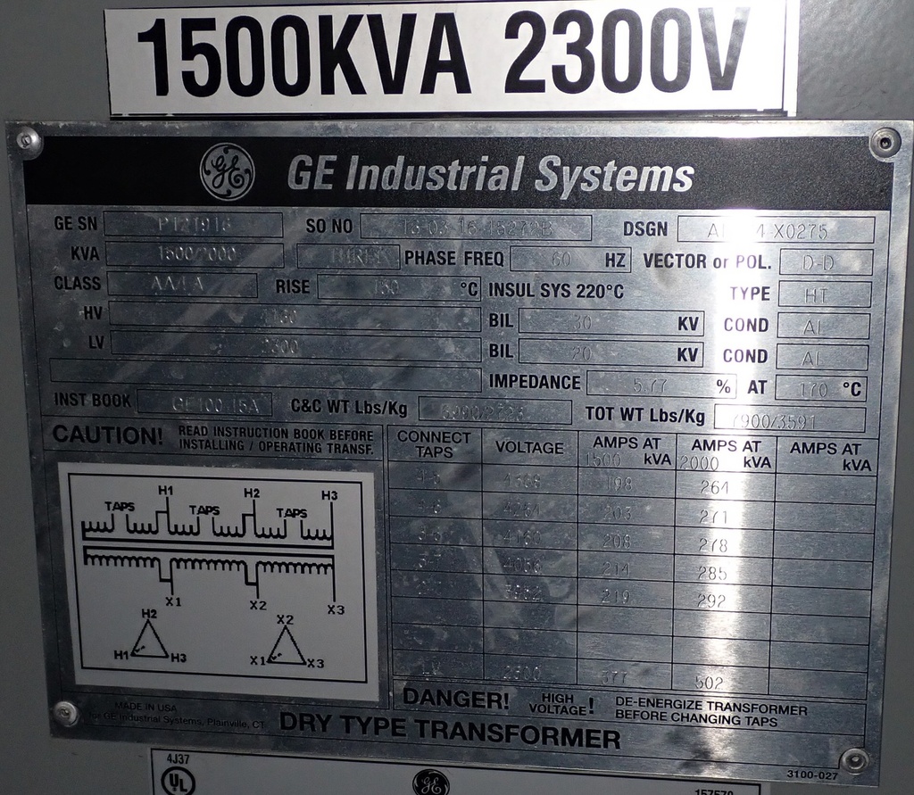 1500/2000 KVA, Pri 4160 D, Sec 2300 D, GE, ALUMINUM, INDOOR