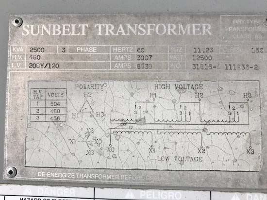 2500 KVA, Pri 480 D, Sec 208Y/120, OUTDOOR DRY TYPE:1