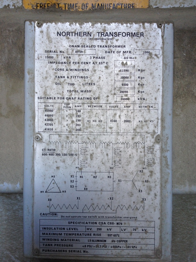 15000/20000 KVA, Pri 43800 D, Sec 4160 Y, 1990, NORTHERN, HV COPPER, LV ALUMINUM