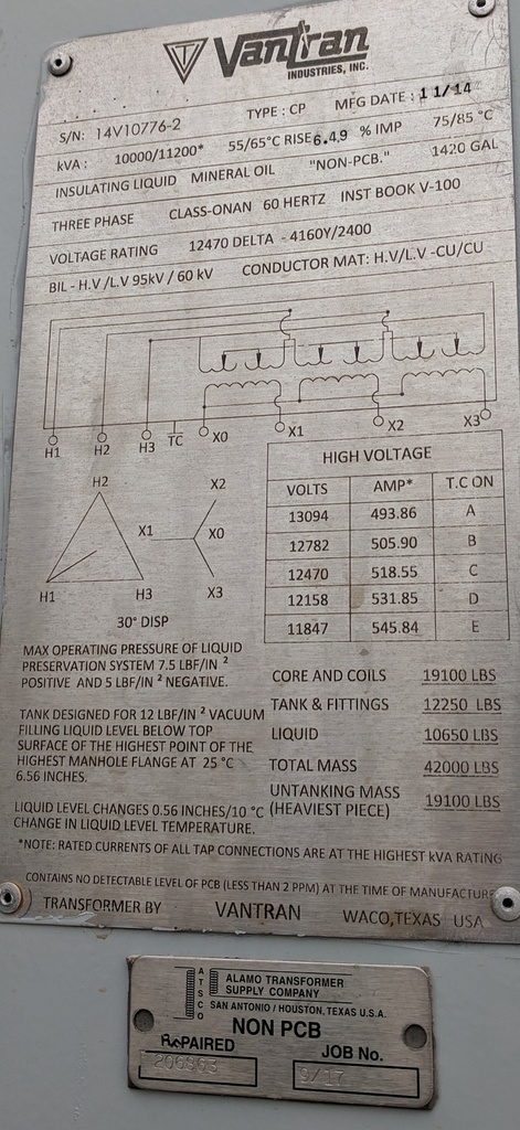 10000/11200 KVA, Pri 12470 D, Sec 4160Y/2400, 2014, VANTRAN, LIVE, RADIAL,COPPER