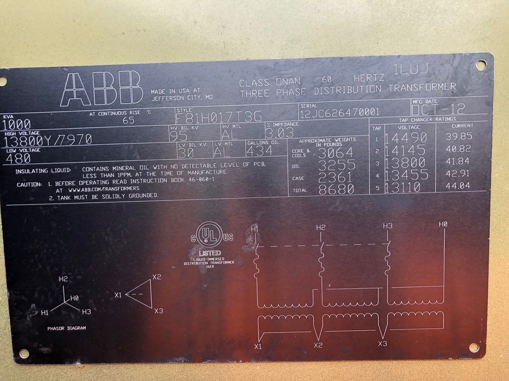 1000 KVA, Pri 13800Y/7970, Sec 480 D, ABB, DEAD FRONT/RADIAL FEED