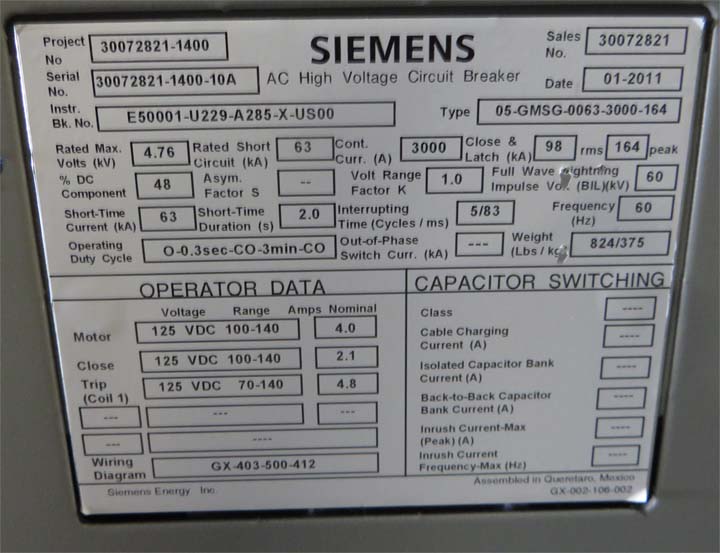 3000 Amp, SIEMENS, 05-GMSG-0063-3000-164, 4760 V., 2011, 125 VDC CL/TR/MOT