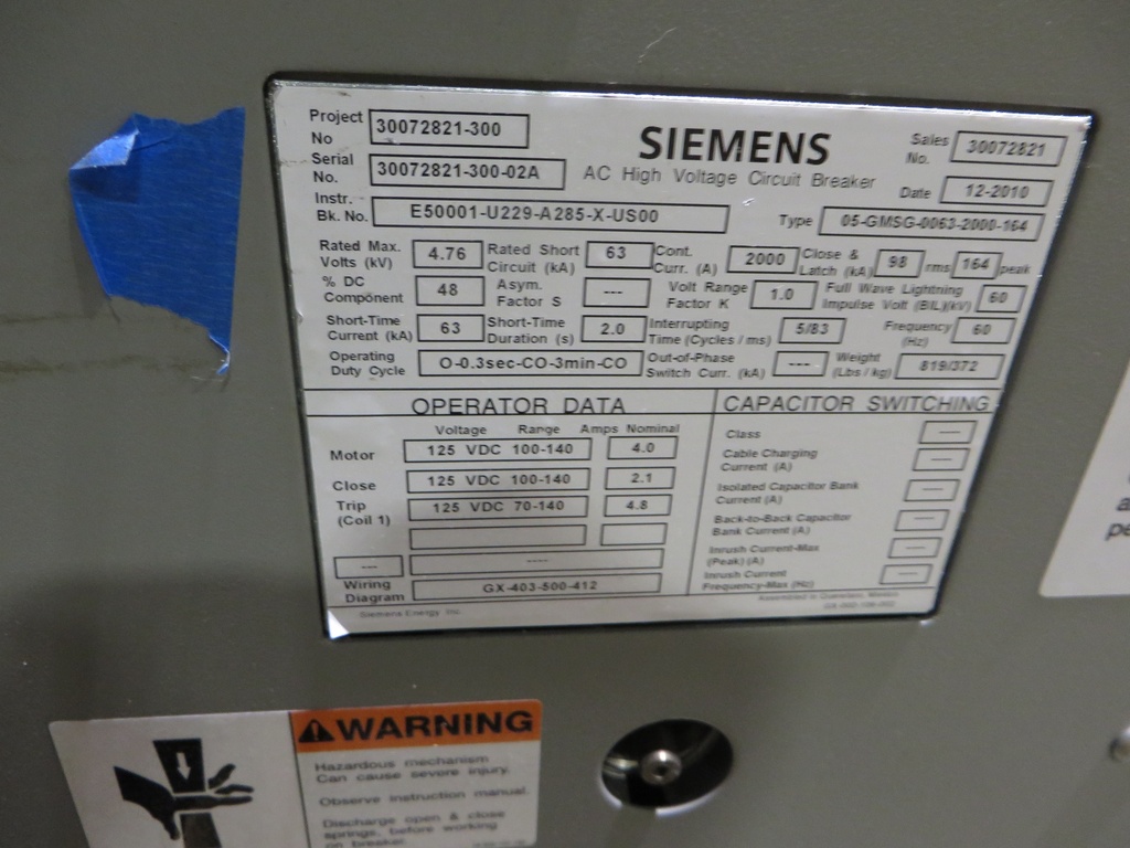 2000 Amp, SIEMENS, 05-GMSG-0063-2000-164, 4760 V., 2010, 125 VDC CL/TR/MOT