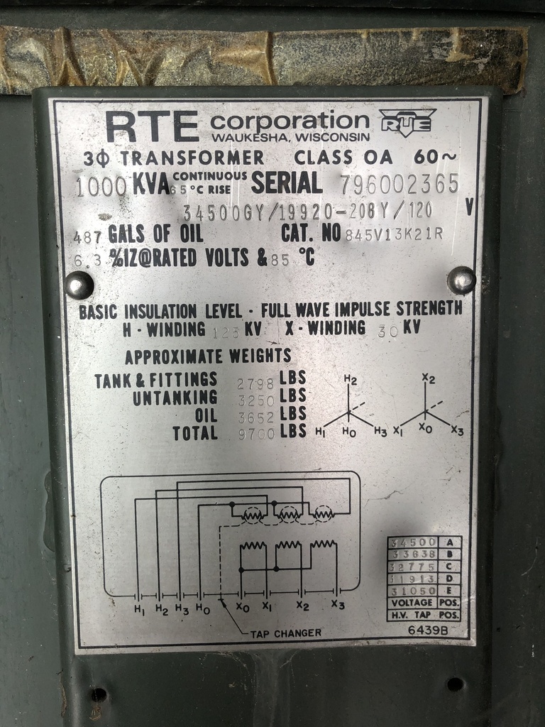 1000 KVA, Pri 34500GRDY/19920, Sec 208Y/120, RTE, LIVE/RADIAL:1