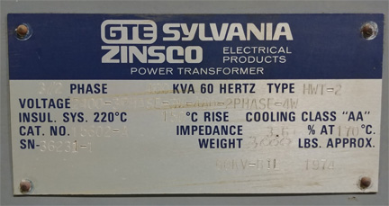 400 KVA, Pri 2400 D, Sec 480Y/277, 1974, GTE SYLVANIA, DRY TYPE