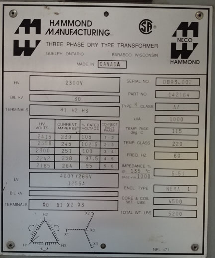 1000 KVA, Pri 2300 D, Sec 460Y/266, HAMMOND, NEMA 1, DRY TYPE