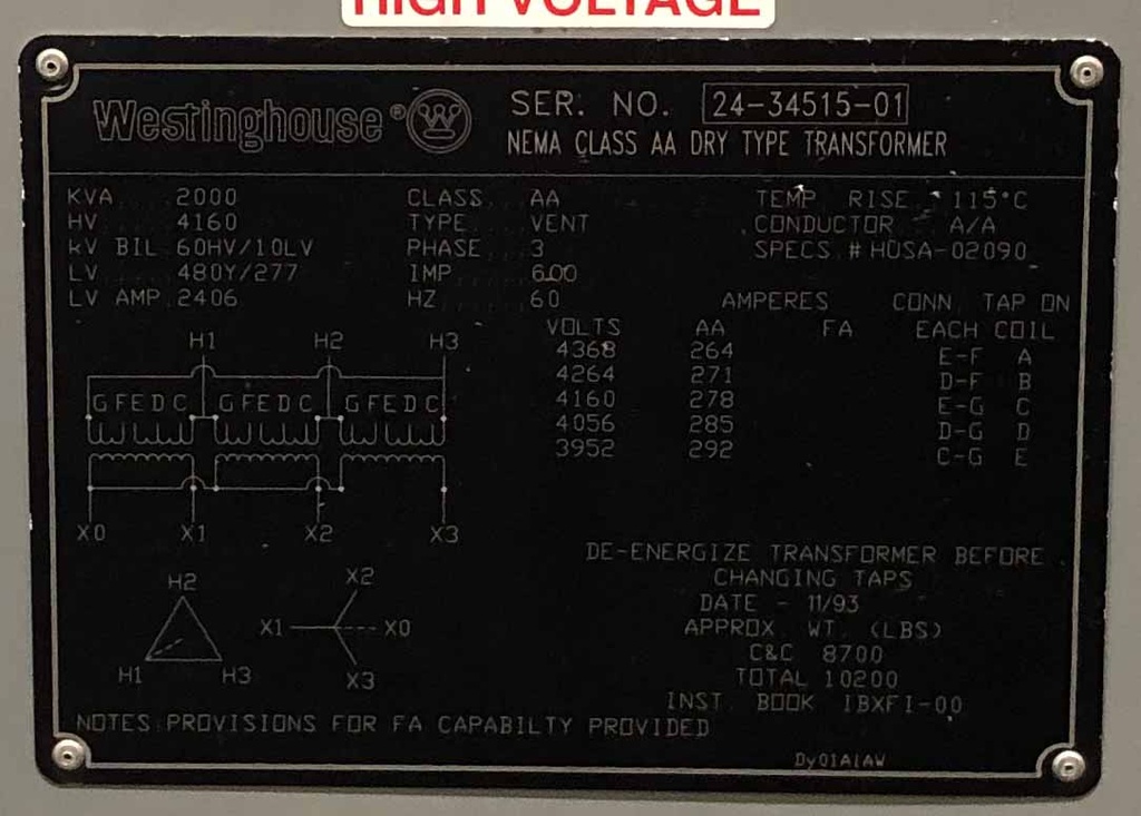 2000 KVA, Pri 4160 D, Sec 480Y/277, 1993, WESTINGHOUSE, INDOOR, ALUMINUM:1