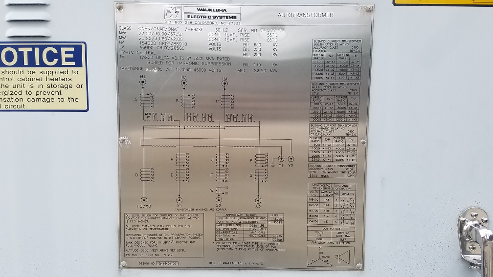 22500/42000 KVA, Pri 154000GRDY/88910, Sec 46000GRDY/26560, WAUKESHA, AUTO:1