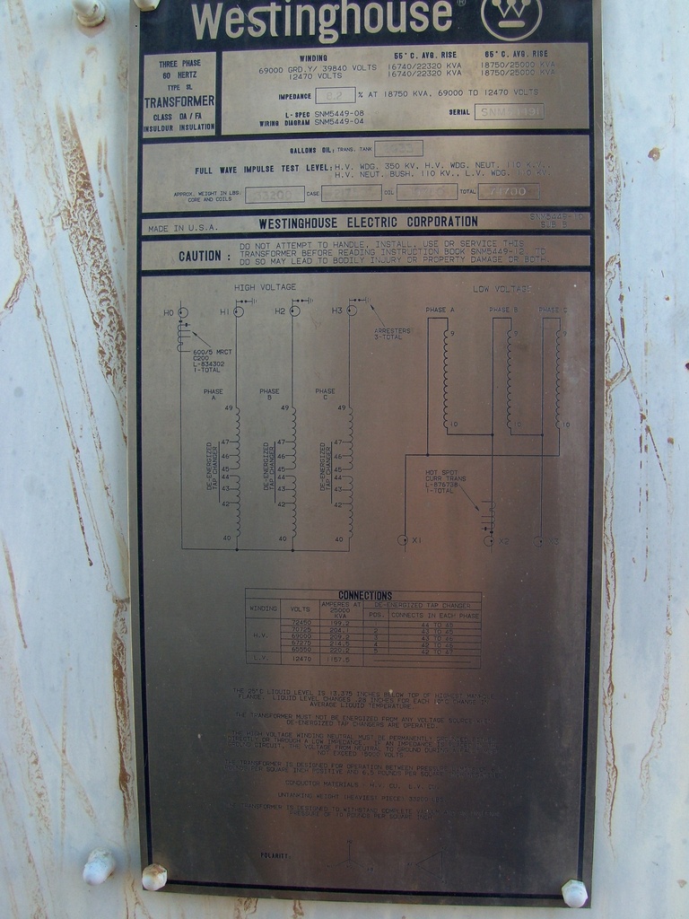 16740/25000 KVA, Pri 69000Y/39840, Sec 12470 D, WESTINGHOUSE, GSU, COPPER