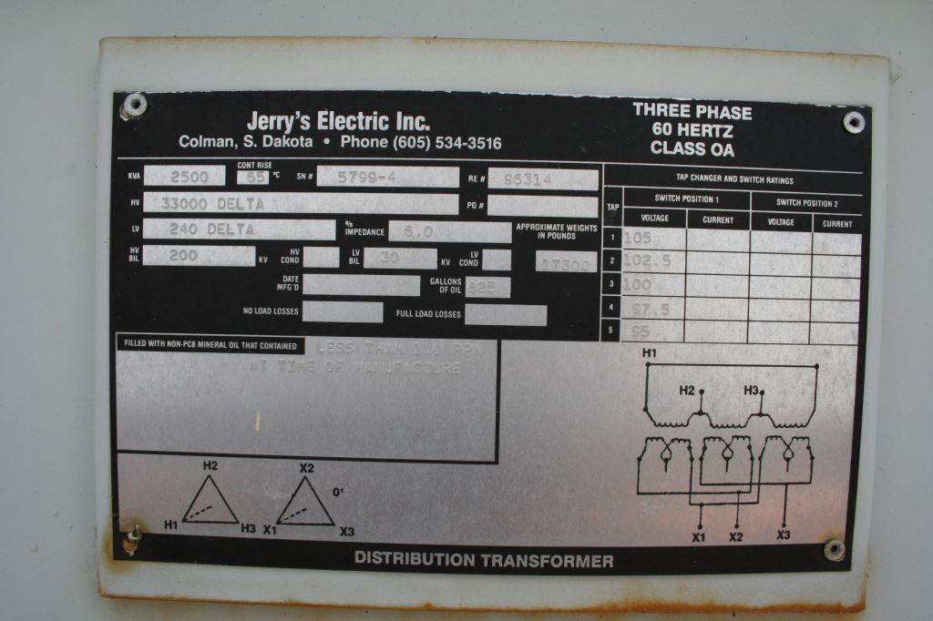2500 KVA, Pri 33000 D, Sec 240 D, JERRYS ELECTRIC, TOP X TOP BUSHINGS:1