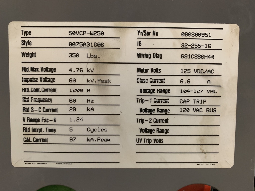 1200 Amp, EATON/CUTLER HAMMER, 50VCPW-250, 4160 V., 2008, 120 VAC CLSE & CAP TRP