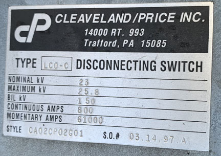 800 Amp, CLEAVELAND/PRICE, No. LCO-C, 23000 V., HOOK-STICK CA02CP02G01